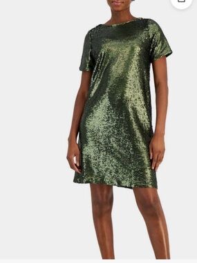 ANNE KLEIN Olive Night Sequin Shift Dress Size 0